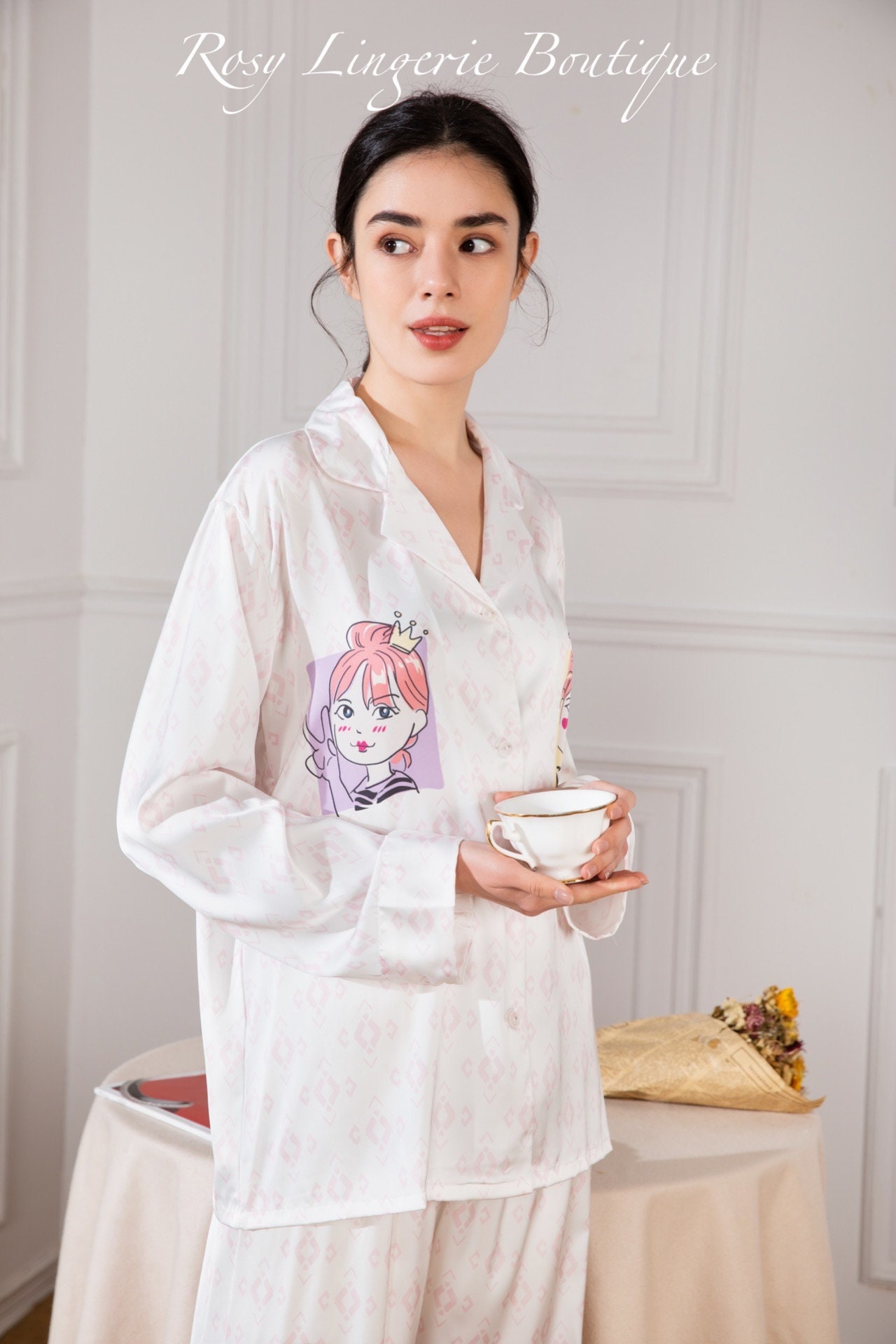 white satin pajama set