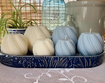 Wave Pillar Candle Set: Blue & White Soy Wax, Unique Home Decor