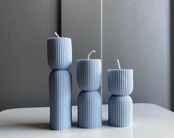 Hourglass Ribbed Pillar Candles| Soy Blue Sculptural Candle Set| Minimalist, Aesthetic, Decorative Candle| Unique Gift| Blue Pillar Candles