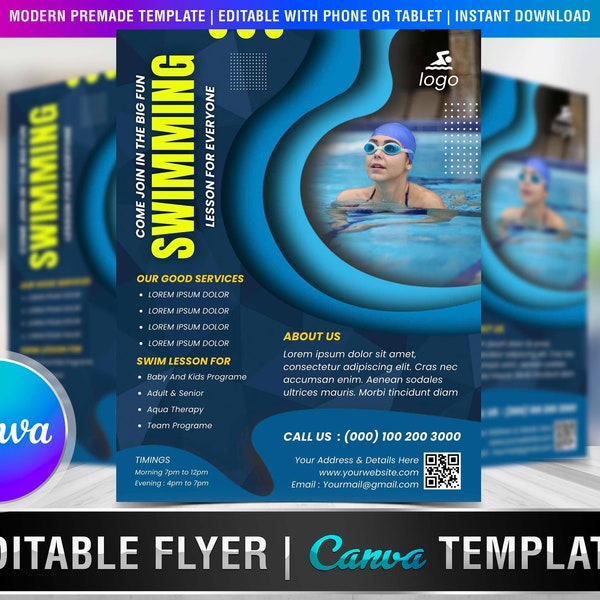 SWIMMING LESSON FLYER Diy Editable Canva Template, Printable & Social Media, Swimming, Swim Lessons, Swim, Pool, Swimmer, leaflet, brochure