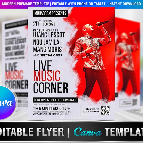 LIVE MUSIC FLYER Diy Editable Canva Template, Printable & Social Media, Music, Concert, Live, Vintage, Rock N Roll, Vinyl, Rock, Retro
