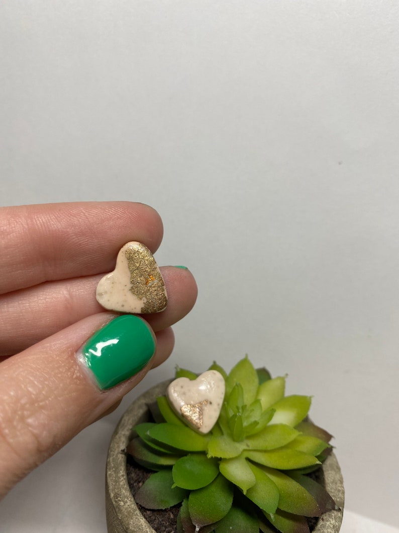 earrings gold flake hearts polymer clay arrows Beige and gold studs hexagons
