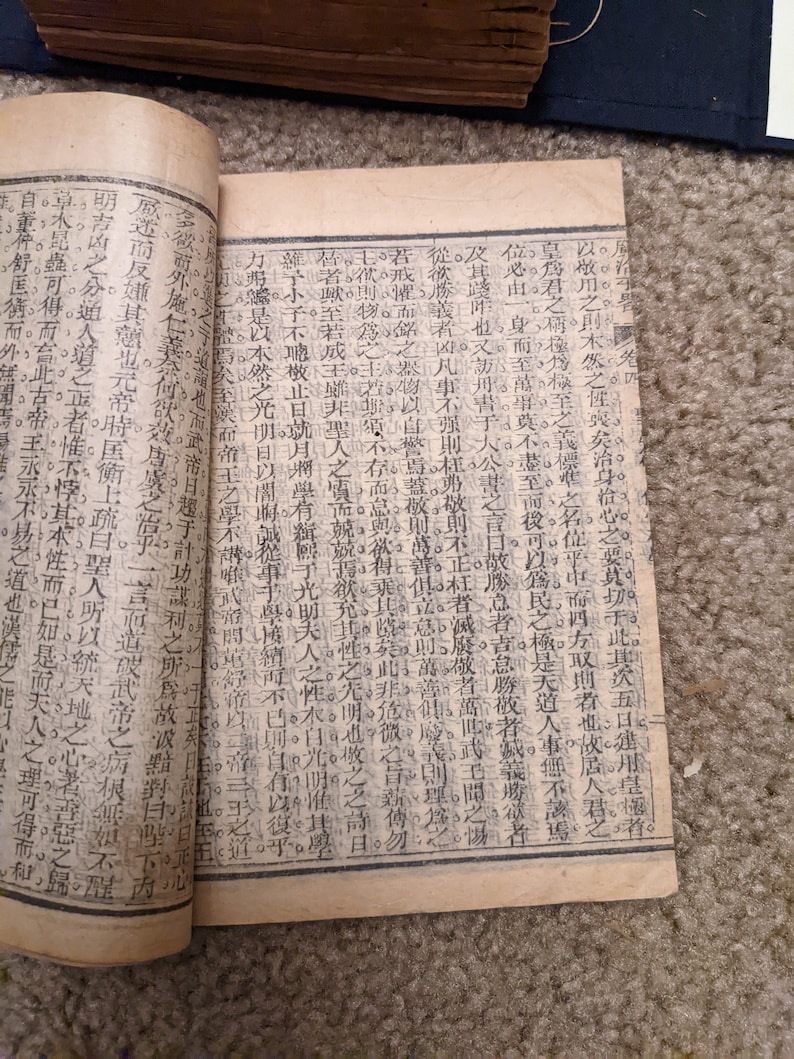 May include: An open book with pages filled with black text printed on a cream-colored background. The book is bound in brown paper and has a worn, aged appearance.