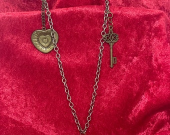 Aged Bronze chain Heart, Key, and Opal stone necklace