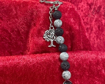 Tree Keychain with Map Jasper, Lava Stones, and Black Jasper