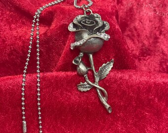 Aged Silver Rose pendant on a silver ball chain.