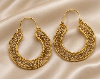 Gold Filigree Hoop Earrings – Handmade Vintage-Style Boho Jewelry | Lightweight Statement Hoops