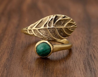 Handmade Brass Leaf Ring, Green Stone, Adjustable Boho Jewelry