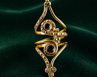 Vintage Gold Black Stone Ring – Bohemian Gothic Adjustable Statement Jewelry for Women