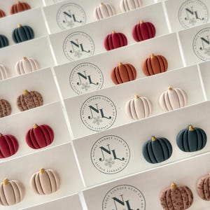 May include: A selection of handmade pumpkin-shaped earrings in shades of orange, cream, burgundy, and teal. Some earrings have a leopard print pattern. Each pair is displayed on a white card with the text "Nicole Lindsey Clay Co."