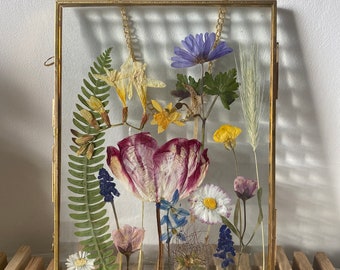 Depot, Bilderrahmen, gepresste Blumen, Frühling, hängend, 15x20, Geschenkidee, Gold, Geburtstag, Muttertag, Hochzeit, Blumen