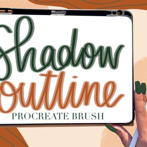 May include: A digital illustration of the text "Shadow Outline" in a green and brown color scheme. The text is displayed on a white background on a tablet screen. The text "Procreate Brush" is displayed below the main text.