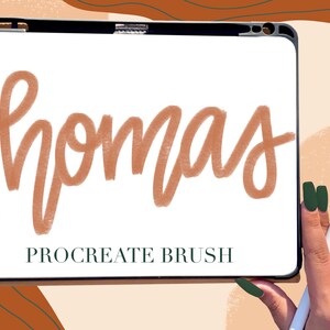 May include: A digital tablet screen displaying the word "thomas" written in a brown cursive font. The text "PROCREATE BRUSH" is displayed below the word "thomas".