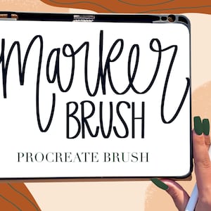 May include: A white tablet screen displaying the text "marker brush" in black cursive font. The text "Procreate Brush" is displayed in green below the cursive text. A hand is holding a stylus near the tablet screen.
