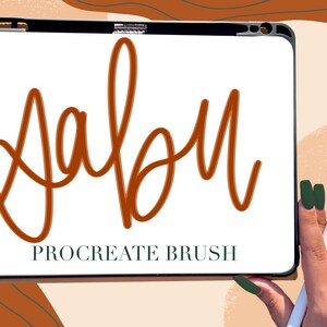 May include: A digital tablet screen displaying the word "about" written in a brown cursive font. The text "PROCREATE BRUSH" is written below the word "about".
