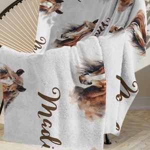 Personalized Horse Velveteen Minky Blanket, Horse Blanket For Girls, Horse Blanket For Boys, Kids Name Blanket, Horse Gift, Horse Throw