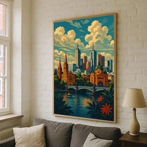 Melbourne Travel Poster – Mid-Century Modern Wall Art, Australia Cityscape Print (Digital Download)
