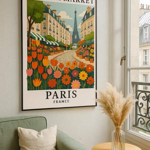 Paris Flower Market Print: Eiffel Tower Vintage Travel Poster (Digital Download)