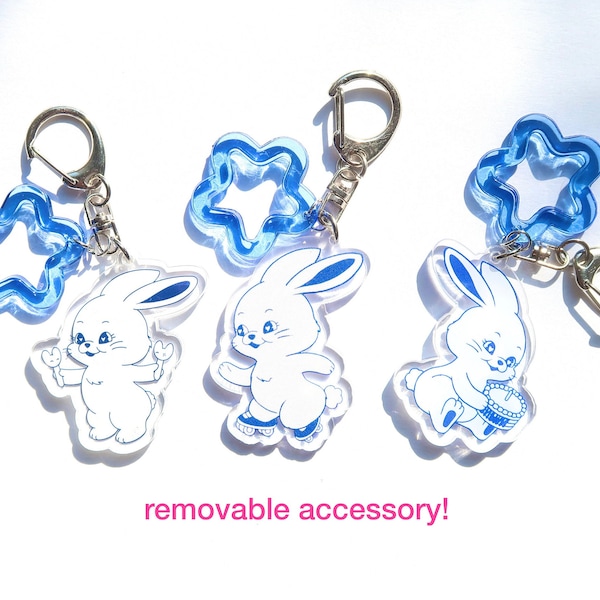 NWJNS Tokki Bunnies Keychain, Customizable Blue Acrylic New Jean NJ Y2K Fashion Accessory w/ Freebie Bunny Sticker!