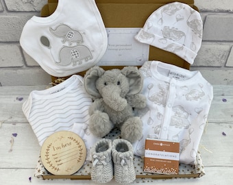 Regalos para baby shower: cesta de regalo esencial para bebé recién nacido,  hermoso tema de elefante envuelto para regalo para un niño o niña, todo en