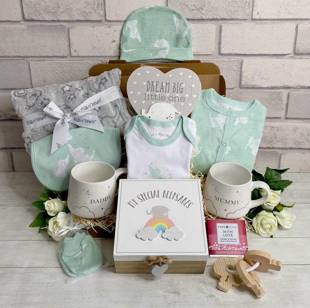 Mint Green Elephant Baby Gift Hamper | Keepsake Box & Mug Set - Etsy UK