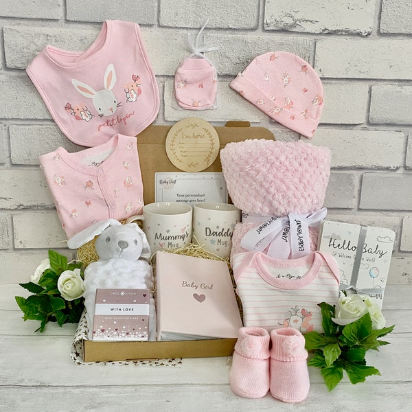 Deluxe 14 Piece Bunny New BABY GIRL HAMPER | Gifts for baby and Mum & Dad | Baby Shower | Pregnancy gift