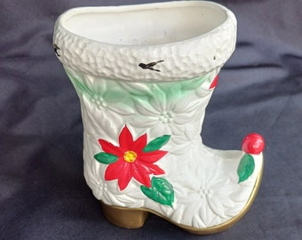 Vintage Norcrest Ceramic Hand Painted Christmas Elf Boot Planter