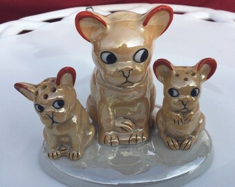 Vintage Trio (3) “French Bulldog Condiment Set” Lusterware