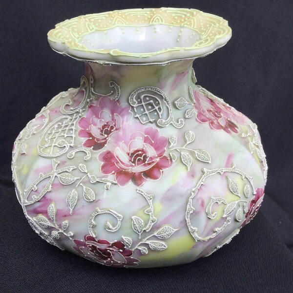 Antique 4" Japenese Nippon Moriage Pink Floral Fine Porcelain Flower Vase