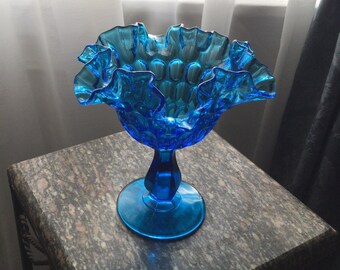 Vintage Fenton Blue Art Glass Thumb Print Pedestal Candy Dish