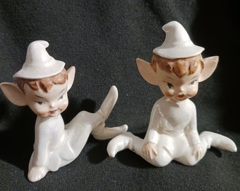Vintage Pair (2) Enterprise Exclusive White &quot;Pixie&quot; Anthropomorphic Collectible Ceramic Holiday Salt and Pepper Shakers