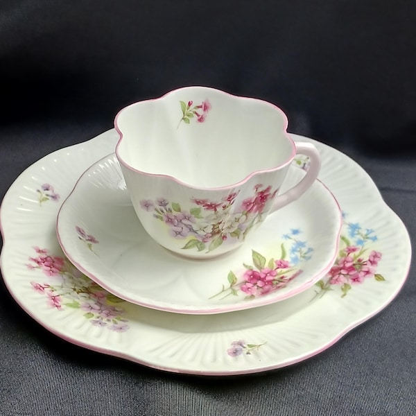 Vintage 3pc Shelley English Bone China Teacup, Saucer, and Underplate Pink Floral