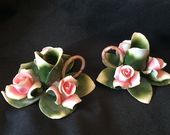 Antique Pair (2) Capodimonte Hand Painted Italian Ceramic Rose Floral Candlestick Holders