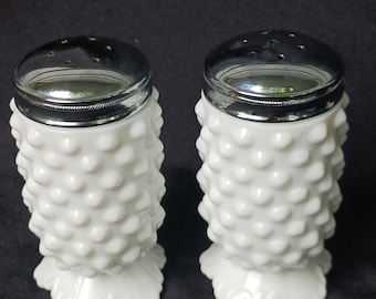 Vintage Pair (2) Fenton Signed Hobnail Milk Glass Footed Salt and Pepper Shakers