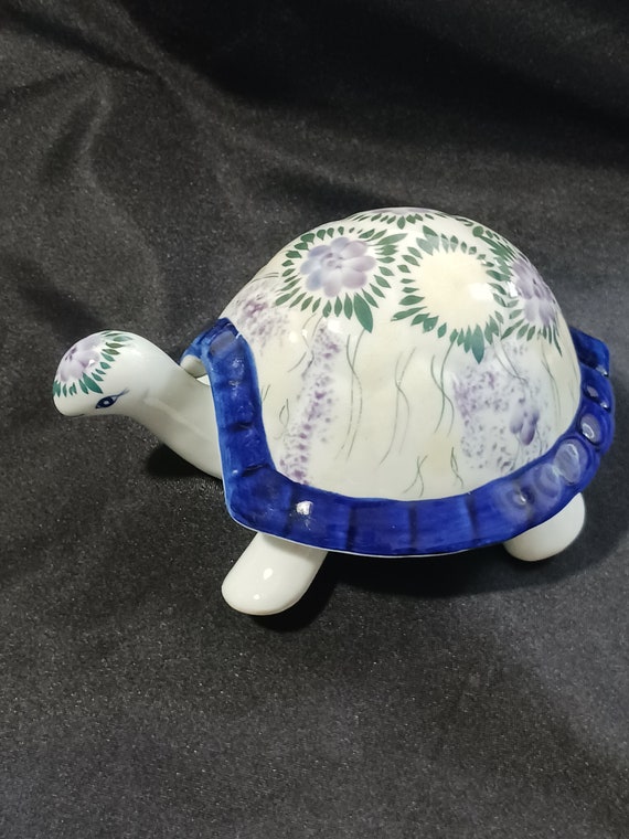 Vintage Ceramic Cobalt Blue Floral Turtle Trinket 