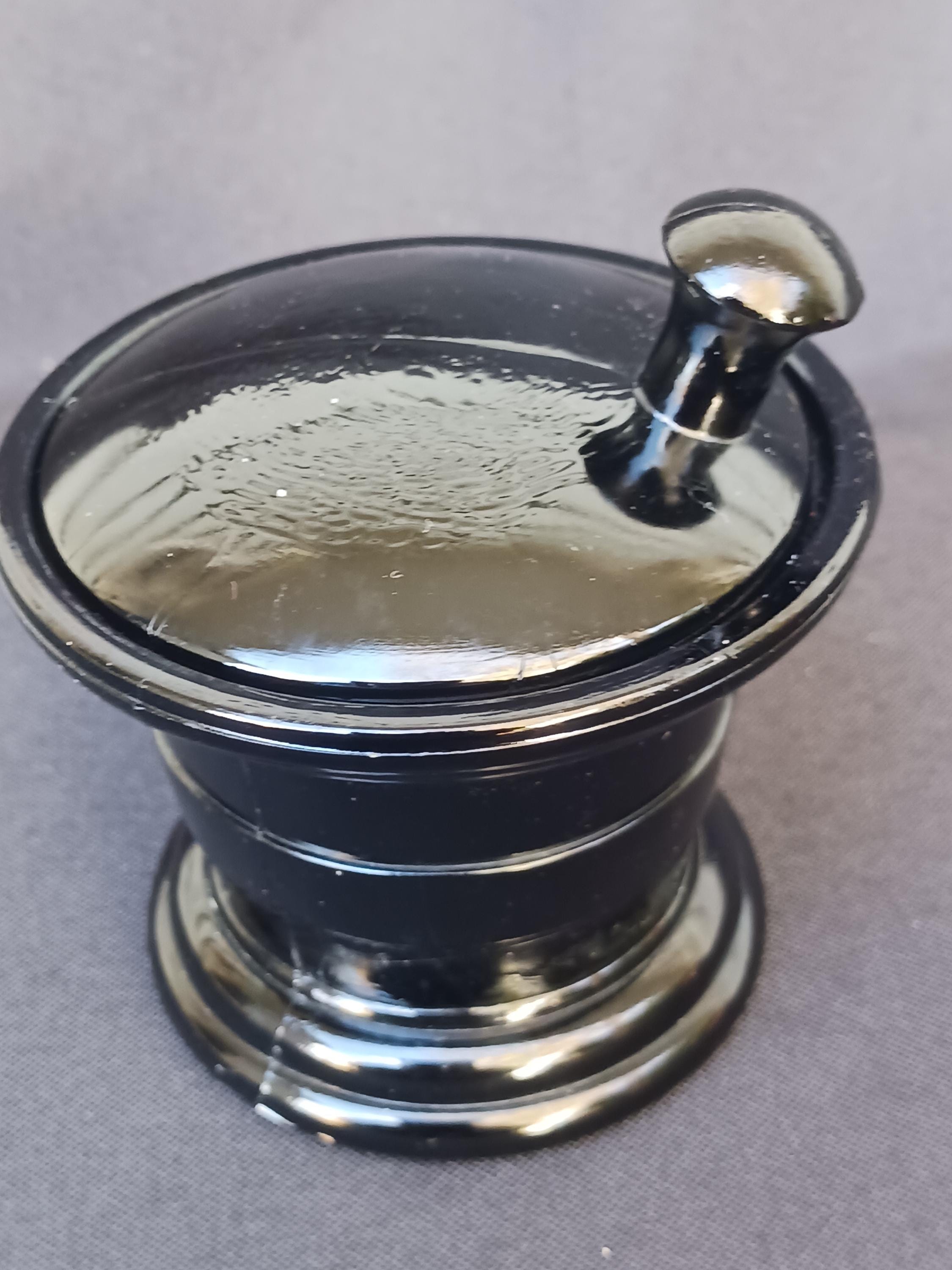 Vintage J V Co 2pc Lidded Black Glass Akro Agate Collectible Apothecary Jar