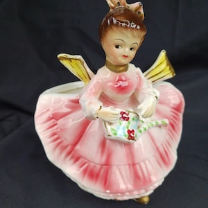 Vintage Inarco 1950&#39;s Girl With Pink Dress and Over Sized Bow Ceramic Collectible Head Vase Planter Japan