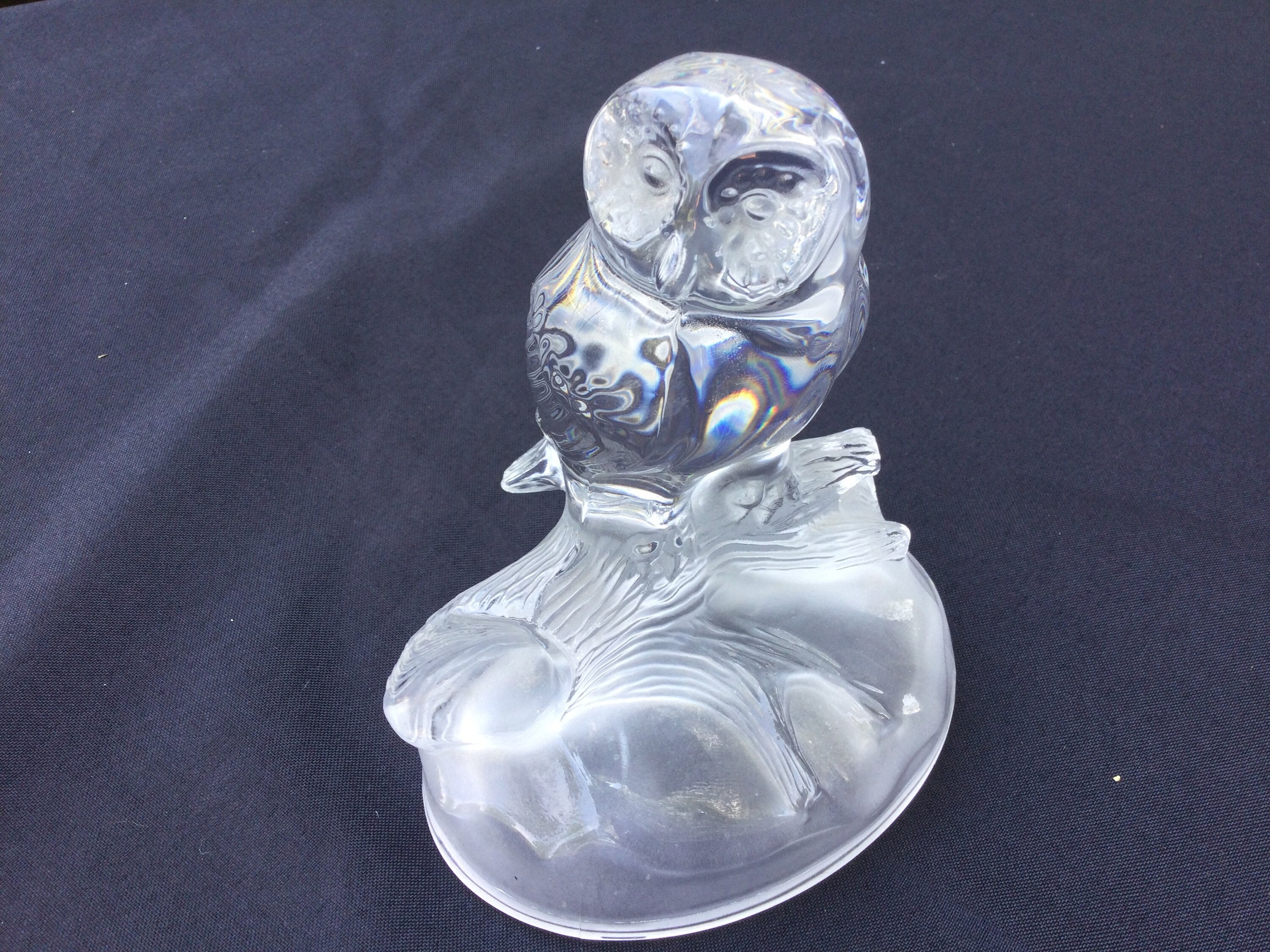 Vintage Cristal D'Arques Art Glass Owl Figurine Perched on Satin Log Collectible Figurine-Paperw