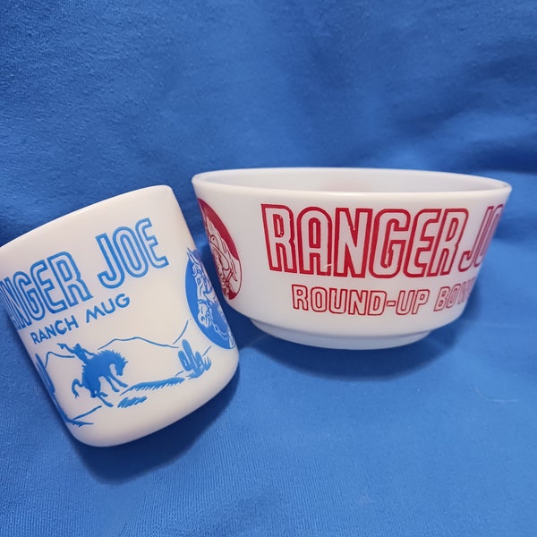 Vintage Hazel Atlas Milk Glass "Rancher Joe" Bowl and Mug