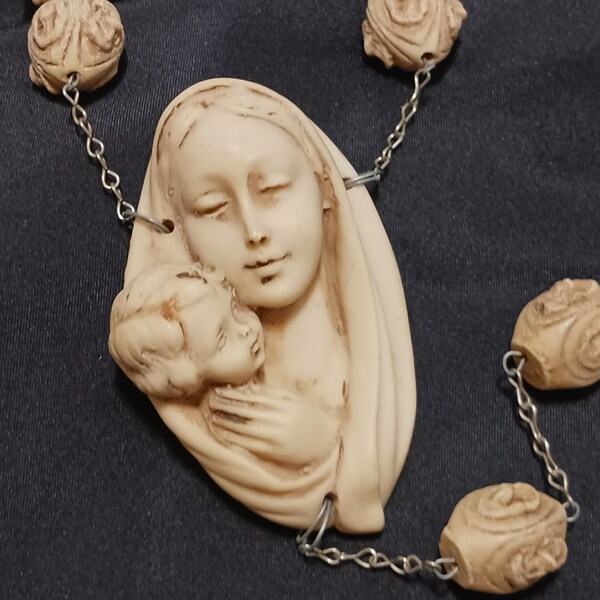 Vintage italiano 65" Alabastrite Pared Rosario Madre María Niño Jesús