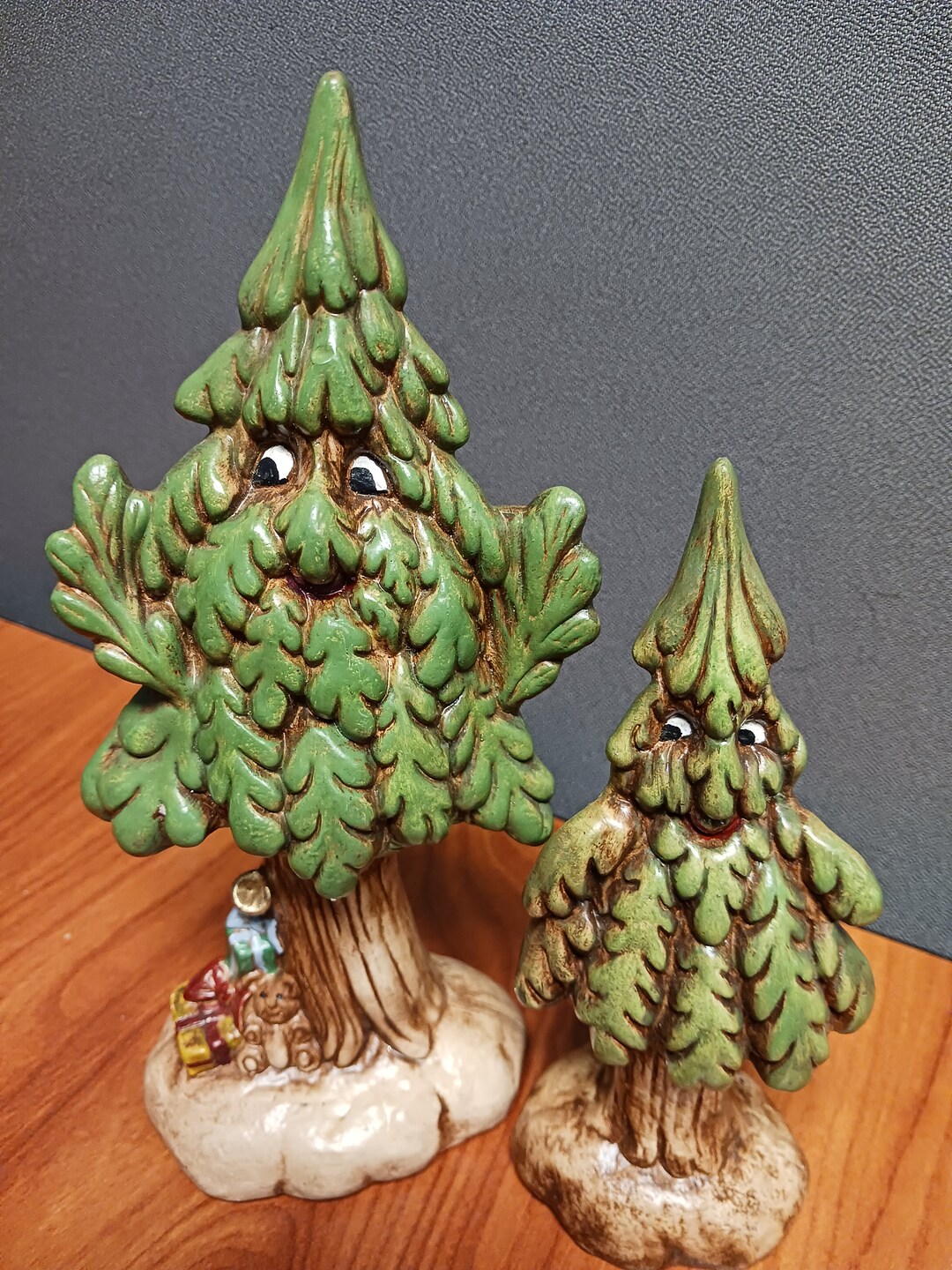 Vintage Hobbyist Pair 2 Ceramic Christmas Anthropomorphic face Pine