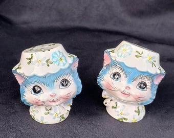 Vintage 1950&#39;s Lefton Miss Priss Kitty Anthropomorphic Ceramic Porcelain Salt and Pepper Collectible Shakers 1511
