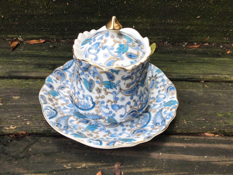 Vintage Lefton Blue Paisley Jam Jar Underplate Gold Trim Etsy