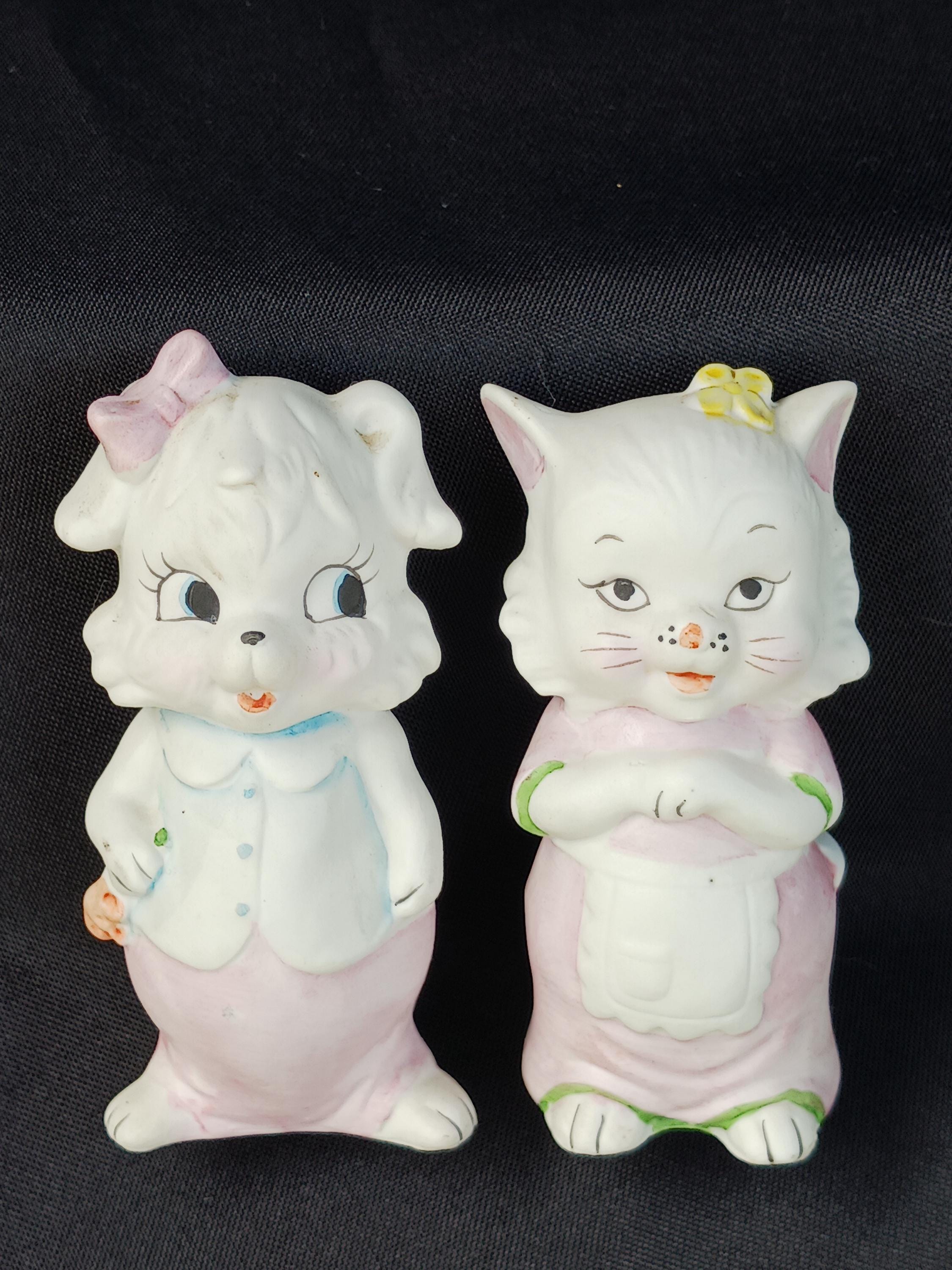 Vintage Pair (2) Lefton Anthropomorphic Cat and Dog White Ceramic Bisque Salt and Pepper Shakers