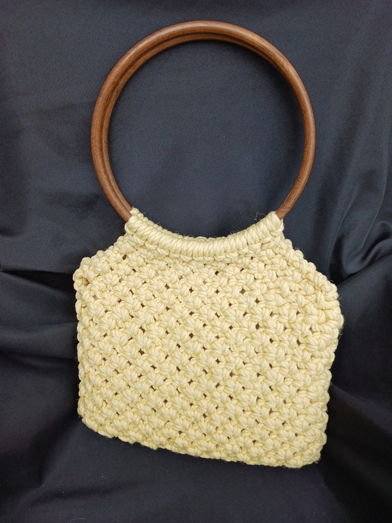 Vintage BoHo Handmade Yellow Crocheted Handled Pur