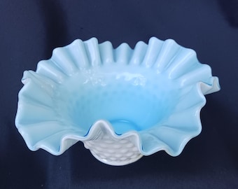 Vintage Fenton Baby Blue Cased White Milk Glass Hobnail Crimed Rim Collectible Bowl