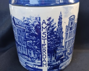 Vintage 2pc Lidded Signed Delft Blue "Amsterdam Canal Houses" Ceramic Souvenir Canister