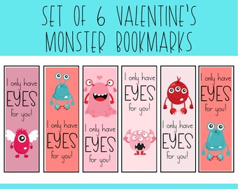 Set of 6 Valentine's Monster Bookmarks with Quotes about Reading - Book Lover Gift - Gifts for Readers - Digital Download
