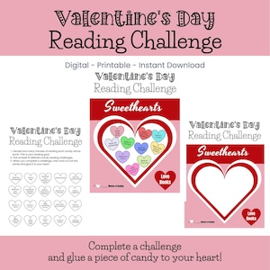 valentines day reading challenge printable, kids reading challenge pages, holiday reading activity sheets, classroom learning activities, digital download for teachers, literacy challenge for kids, valentines classroom printable, reading motivation pages, school reading activity, homeschool literacy printable