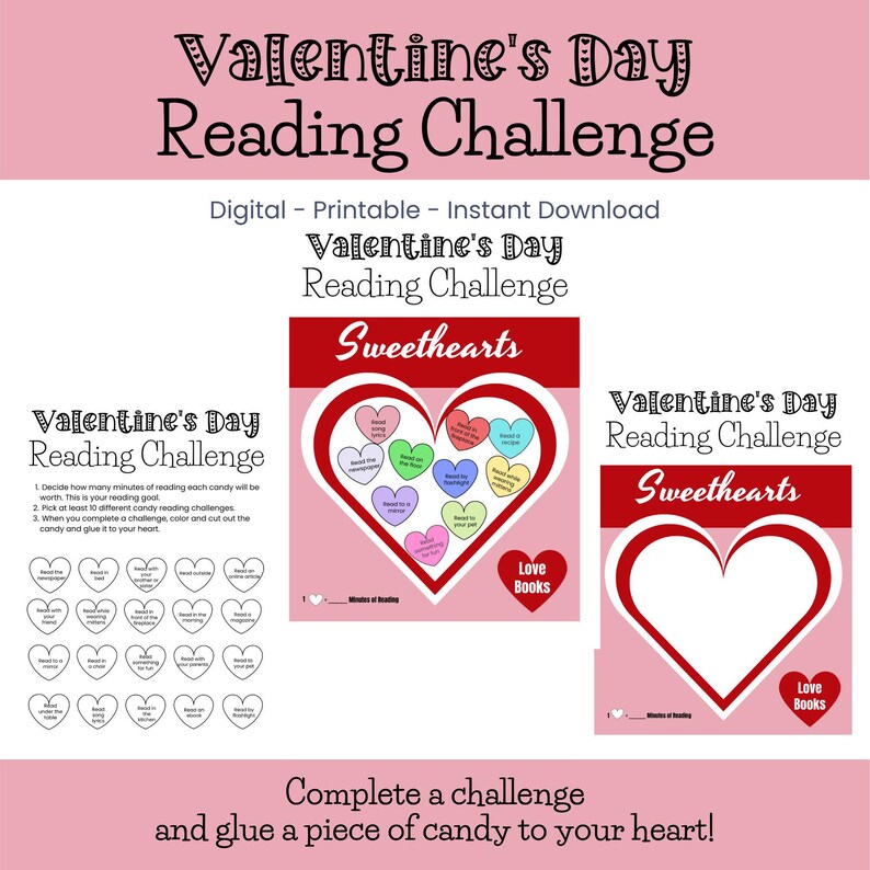 valentines day reading challenge printable, kids reading challenge pages, holiday reading activity sheets, classroom learning activities, digital download for teachers, literacy challenge for kids, valentines classroom printable, reading motivation pages, school reading activity, homeschool literacy printable